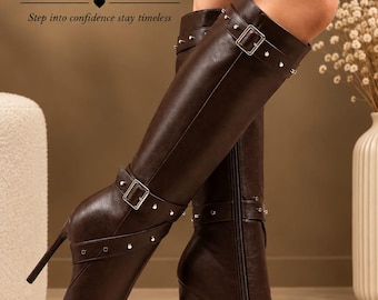 Women’s Burgundy Knee High Boots, Pointed Toe High Heel Boots, Studded Buckle Boots, Leather Tall Boots, Side Zipper Fashion Boots