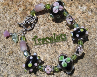Lampwork Glass and Sterling Silver Beaded Toggle Bracelet - NIGHT GARDEN
