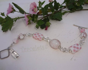 Lampwork Glass And Swarovski Crystal Sterling Silver Beaded Toggle Bracelet - Pretty In Pink