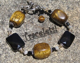 Tigers Eye, Onyx and Sterling Silver Toggle Beaded Bracelet - TIGER STRIPES