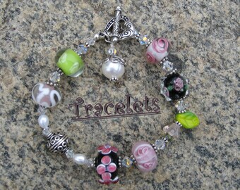 Lampwork Glass, Pearl, Swarovski Crystal, Czech Glass and Sterling Silver Beaded Toggle Bracelet - I LOVE SPRING