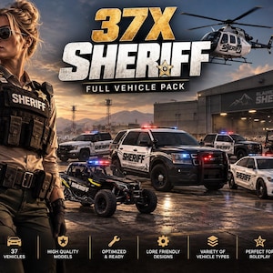May include: A digital graphic featuring the text 37X SHERIFF FULL VEHICLE PACK with a sheriff officer in uniform, a helicopter, and various law enforcement vehicles including SUVs, sedans, and off-road buggies parked in front of a station.