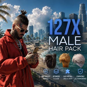 Puede incluir: Una colección de activos digitales titulada 127X MALE HAIR PACK que presenta tres estilos de cabello distintos en marrón oscuro, rubio dorado y rubio platino. El gráfico incluye etiquetas de texto para modelos de alta calidad, optimizados y limpios, instalación fácil mediante arrastrar y soltar y compatible con todos los frameworks.