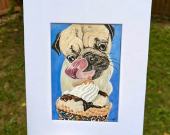 Pug Watercolor Painting, Pug Art, Pug Painting, Pug Eating Ice Cream