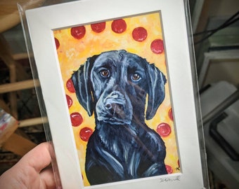 Black Labrador Painting Art Print, Pizza Background, Dog Lover Gift