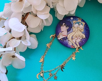 Sailor Moon Metal Badge Button with Decorative Chain