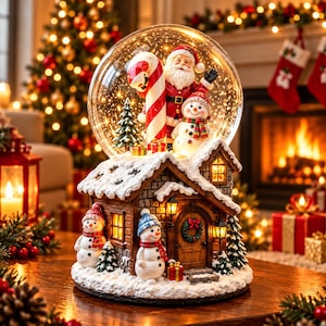 Könnte beinhalten: Eine Weihnachts-Schneekugel mit einem Miniaturhaus mit schneebedeckten Dächern, zwei Schneemännern und einem Weihnachtsmann, der eine große Zuckerstange hält. Die Szene zeigt beleuchtete Fenster, einen Türkranz und kleine Tannen.