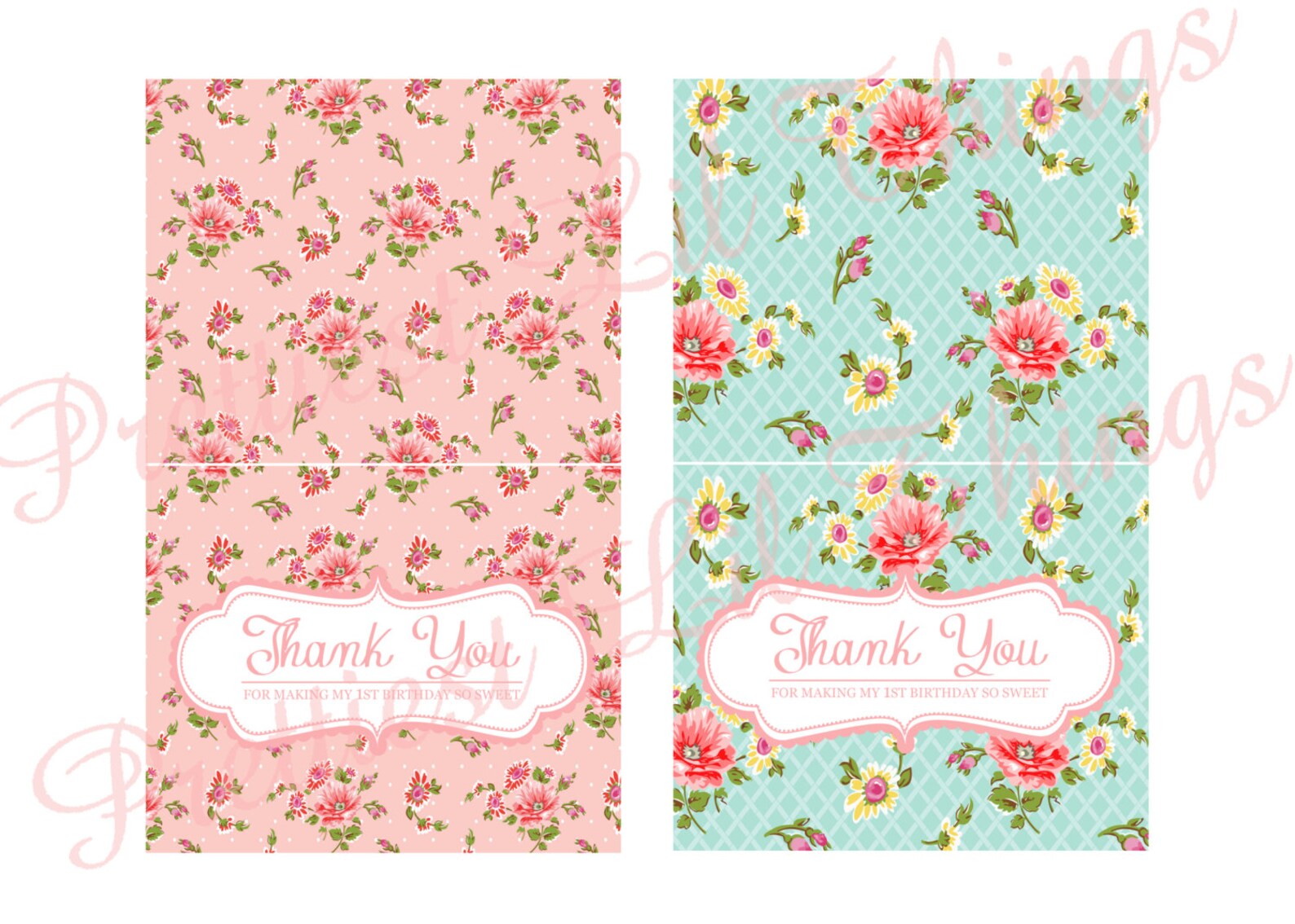 Shabby Chic Thank You Cards Printable DIY Girls First Birthday Etsy