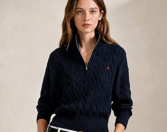 Women’s Cable Knit Half Zip Sweater, Polo Ralph Lauren Inspired Cotton Pullover Winter Top
