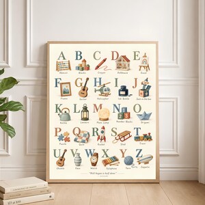 Affiche de l'alphabet pour enfants, style vintage, décoration murale ABC pour chambre d'enfant, tableau illustré de l'alphabet, décoration neutre pour salle de jeux, illustration pour l'apprentissage préscolaire