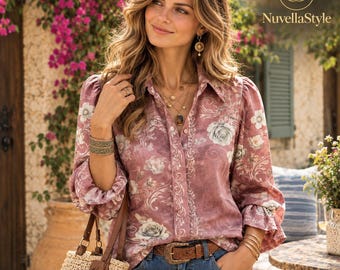 Dusty Pink Floral Button Down Shirt for Women | Plus Size Long Sleeve Casual Blouse