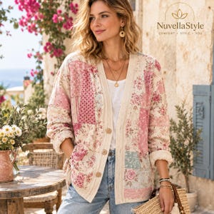 Blommig Patchwork Cardigan V-ringad Knapptröja Långärmad Boho Stickad Topp
