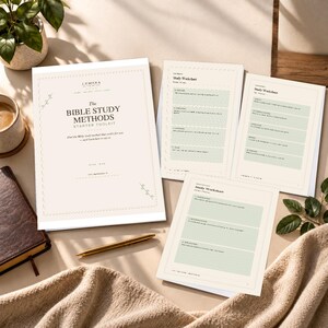May include: A Bible study methods starter toolkit consisting of a main cover page titled The Bible Study Methods Starter Toolkit and three study worksheets with light green sections for notes, accompanied by a gold pen and a dark brown book.