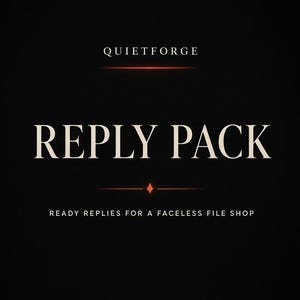 May include: A black digital graphic with white text that reads QUIETFORGE, REPLY PACK, and READY REPLIES FOR A FACELESS FILE SHOP. The design features thin horizontal lines and a small four-pointed star icon centered between the text elements.