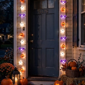 Può includere: Una catena luminosa di Halloween con zucche arancioni, fantasmi bianchi e pipistrelli viola illuminati attorno a una porta d'ingresso blu scuro, con varie zucche sui gradini del portico e in un cesto.