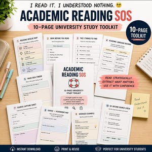May include: A 10-page university study toolkit titled Academic Reading SOS, featuring ten individual worksheets with headers like Reading Rescue Map, Skim Before You Read, and Source Capture Sheet, designed to help students read and extract information.