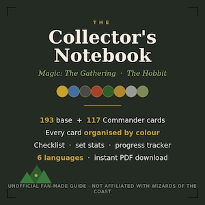 May include: A dark green digital notebook cover titled The Collector's Notebook for Magic: The Gathering The Hobbit. It features eight coloured circles, text detailing 193 base and 117 Commander cards, checklist, set stats, progress tracker, and 6 languages.
