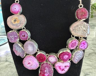 Vintage 925 Silver Statement Necklace, Pink Agate Geode Slices, Substantial Piece