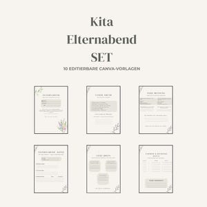 Puede incluir: Un conjunto de seis plantillas imprimibles para una reunión de padres en guardería, con el texto Kita Elternabend SET 10 EDITIERBARE CANVA-VORLAGEN. Cada página incluye secciones organizadas para notas, opiniones y horarios con detalles florales.