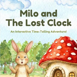Op de afbeelding: Een boekomslag getiteld Milo and The Lost Clock: An Interactive Time-Telling Adventure! met een bruin konijn naast een rood met wit gestippeld paddenstoelhuis, met een gele zon en blauwe wolken op de achtergrond.