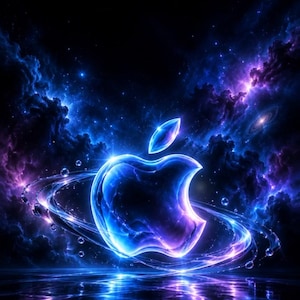 Op de afbeelding: Een gloeiend, doorschijnend Apple-logo in blauwe en paarse tinten, omringd door een wervelende ring van vloeistofdruppels. Het icoon staat tegen een donkere, kosmische achtergrond vol levendige nevels en sterrenwolken.