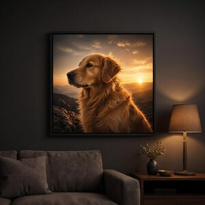 Framed custom dog movie poster hanging on a dark living room wall above a sofa