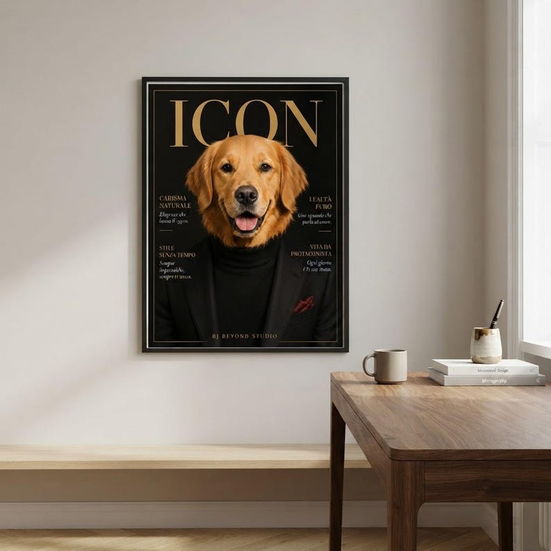 Custom pet magazine cover poster framed and hung in a bright minimalist home office