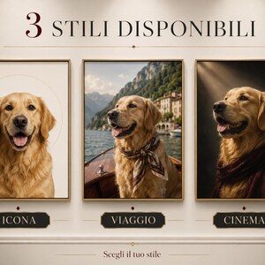 A promotional image showing three framed poster styles labeled Icona, Viaggio, and Cinema, each featuring a golden retriever in a different setting.