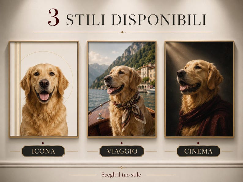 A promotional image showing three framed poster styles labeled Icona, Viaggio, and Cinema, each featuring a golden retriever in a different setting.