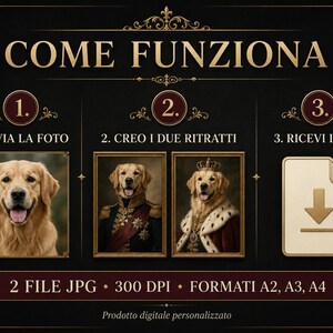 May include: A black instructional graphic titled COME FUNZIONA with gold text and borders. It outlines three steps: 1. INVIA LA FOTO showing a golden retriever, 2. CREO I DUE RITRATTI showing two dog portraits, 3. RICEVI I FILE with a download icon.