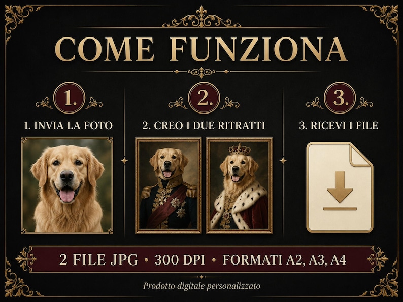 May include: A black instructional graphic titled COME FUNZIONA with gold text and borders. It outlines three steps: 1. INVIA LA FOTO showing a golden retriever, 2. CREO I DUE RITRATTI showing two dog portraits, 3. RICEVI I FILE with a download icon.