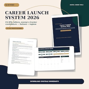 Può includere: Un set di strumenti digitali per la carriera intitolato Career Launch System 2026, che include un modello di CV per Marco Bianchi, una dashboard per il monitoraggio della ricerca di lavoro e una copertina blu scuro su sfondo beige chiaro.