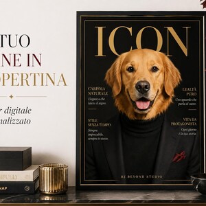 A framed magazine-style poster featuring a golden retriever wearing a black turtleneck and suit jacket, with Italian text on the cover.
