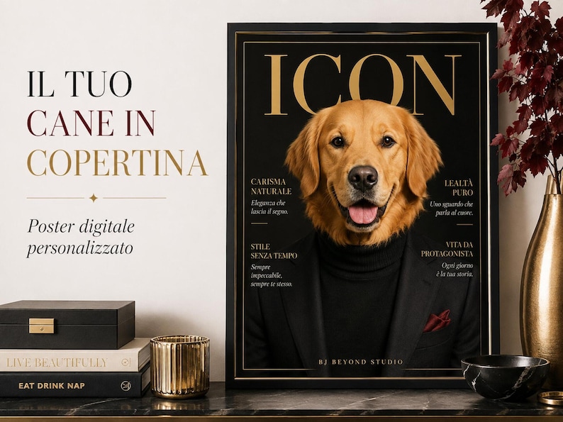 A framed magazine-style poster featuring a golden retriever wearing a black turtleneck and suit jacket, with Italian text on the cover.