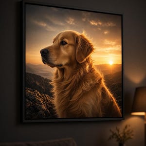 A framed wall art print featuring a golden retriever sitting in front of a mountain sunset landscape.