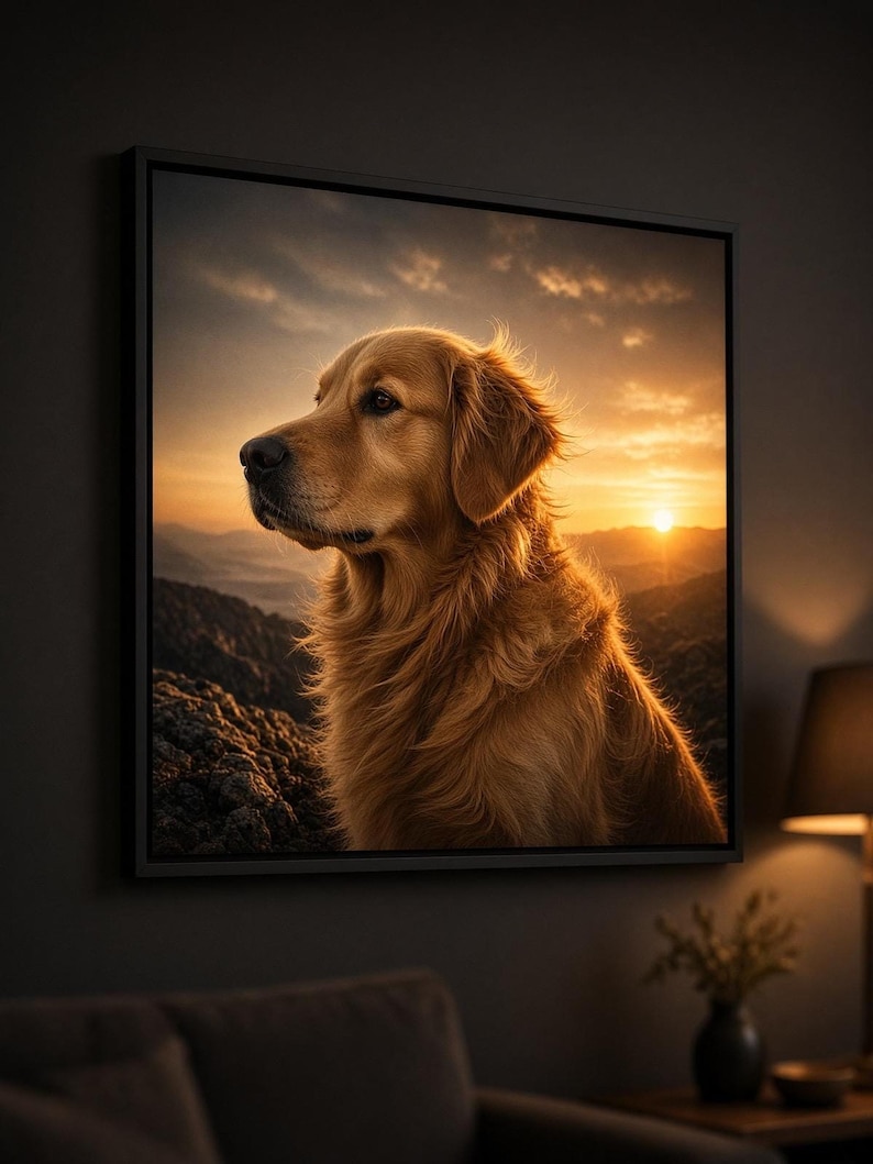 A framed wall art print featuring a golden retriever sitting in front of a mountain sunset landscape.