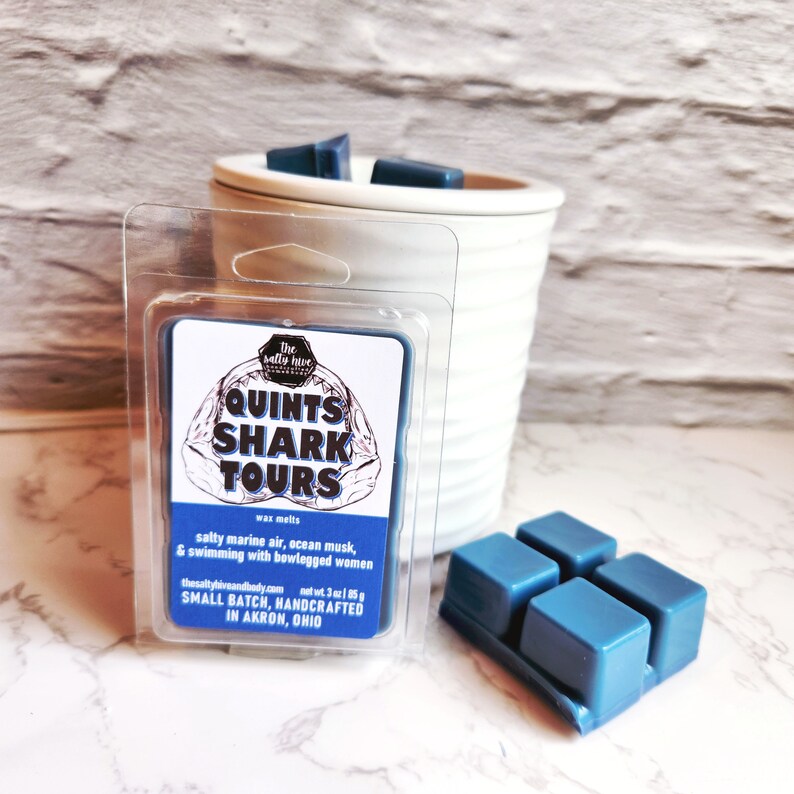 quints shark tours wax melts - jaws inspired wax melts - horror wax melts - jaws candle - the salty hive home and body