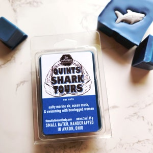 quints shark tours wax melts - jaws inspired wax melts - horror wax melts - jaws candle - the salty hive home and body