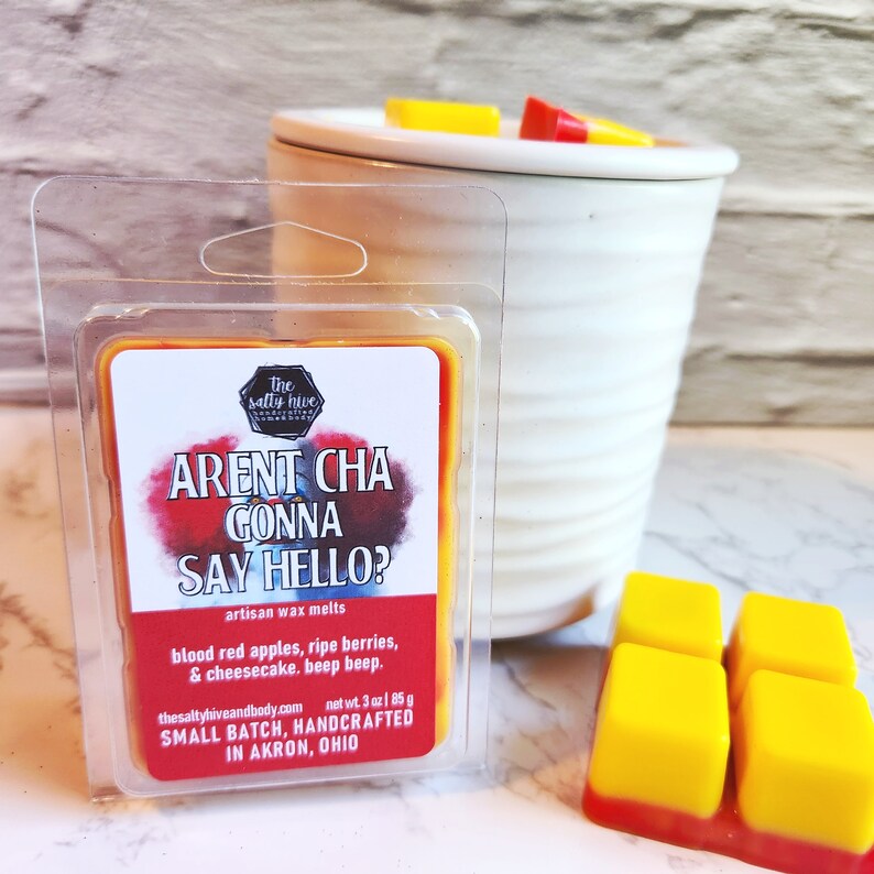 aren't cha gonna say hello? horror wax melts - it pennywise inspired - strawberry cheesecake, apple - the salty hive home and body