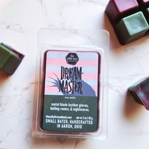 dream master - horror wax melts - nightmare on elm st inspired - leather, firewood, tobacco - horror gift