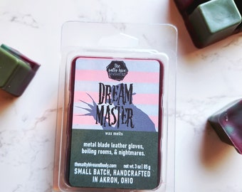 dream master - horror wax melts - nightmare on elm st inspired - leather, firewood, tobacco - horror gift