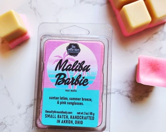 malibu barbie wax melts - nostalgic scent - coconut, suntan lotion, pink barbie - barbie candle