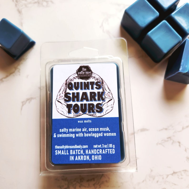 quints shark tours wax melts - jaws inspired wax melts - horror wax melts - jaws candle - the salty hive home and body