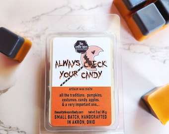 always check your candy wax melts - horror wax melts - pumpkins, candy, apples - trick r treat inspired