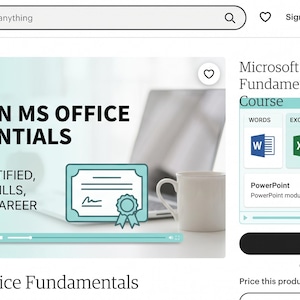Può includere: Un elenco di prodotti digitali per un breve corso sui fondamenti di Microsoft Office. La grafica presenta il testo LEARN MS OFFICE ESSENTIALS, GET CERTIFIED, BUILD SKILLS, BOOST CAREER e un'illustrazione di un certificato e un lettore.