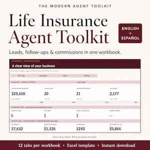 May include: A digital Life Insurance Agent Toolkit workbook template featuring a dashboard with sections for logged annual premiums, sales, applications, and calls. The interface displays data for August 2026, including overdue leads, pending payments, and commission tracking.