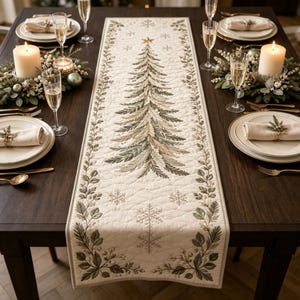 May include: A rectangular cream-coloured quilted table runner featuring a central embroidered green Christmas tree with a gold star at the top, surrounded by embroidered green leaves, berries, and snowflakes along the edges and borders.