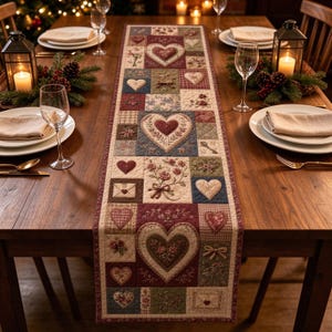 May include: A rectangular quilted table runner featuring a patchwork design of hearts, floral motifs, envelopes, and keys in shades of burgundy, cream, blue, and green. The runner is centered on a wooden dining table with place settings.