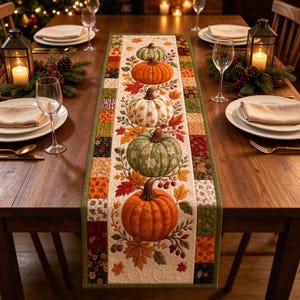 Quilted Print Table Runner, Patchwork Pumpkin Table Runner, Fall Harvest Table Decor, Thanksgiving Farmhouse Dining Centerpiece