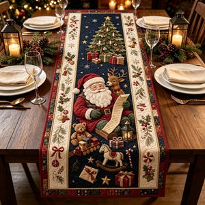 May include: A rectangular quilted table runner featuring a dark blue center panel with a Christmas scene of Santa Claus, a reindeer, a teddy bear, a rocking horse, and a Christmas tree. The border is cream with holly, bells, and red ribbons.